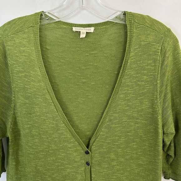 Eileen Fisher Cardigan Sweater SMALL Knit Button Down Short Sleeve Linen Green - Picture 2 of 6